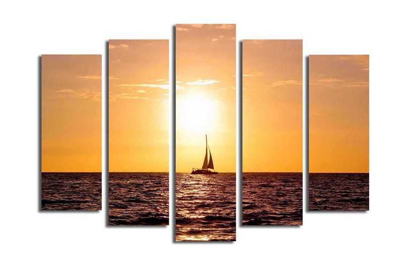 Stor Canvastavla i 5 delar 105x70 cm - Segelbåt i solnedgång över havet - Orange / Guld / Mörkblå - Inredning - Tavlor & posters - Canvastavla