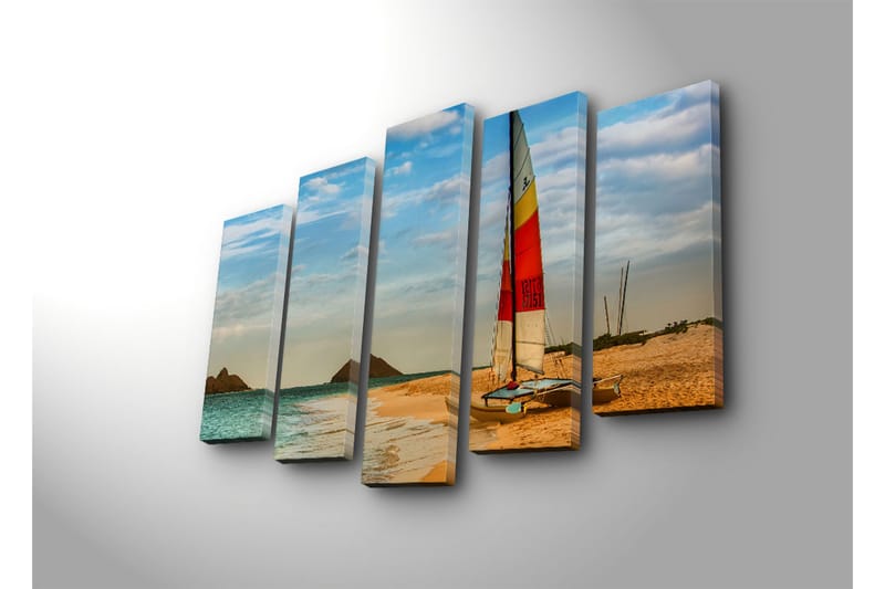 Stor Canvastavla i 5 delar 105x70 cm - Segelbåt vid en strand med klara vatten och sanddyner - Blå / Orange / Gul - Inredning - Tavlor & posters - Canvastavla