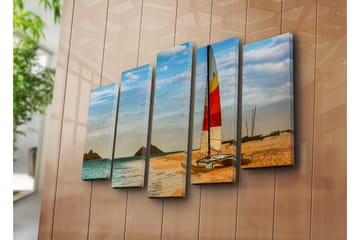 Stor Canvastavla i 5 delar 105x70 cm - Segelbåt vid en strand med klara vatten och sanddyner - Blå / Orange / Gul - Inredning - Tavlor & posters - Canvastavla