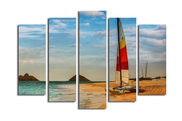 Stor Canvastavla i 5 delar 105x70 cm - Segelbåt vid en strand med klara vatten och sanddyner - Blå / Orange / Gul - Inredning - Tavlor & posters - Canvastavla