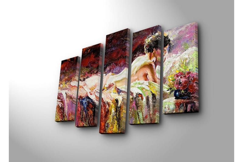 Stor Canvastavla i 5 delar 105x70 cm - Sensuell kvinna som vilar på en säng med blommor i närheten - Röd / Lila / Beige - Inredning - Tavlor & posters - Canvastavla