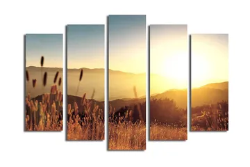 Stor Canvastavla i 5 delar 105x70 cm - Solnedgång över böljande landskap med grässtrån i förgrunden - Guld / Orange / Blå - Inredning - Tavlor & posters - Canvastavla
