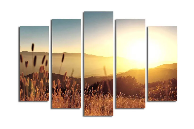 Stor Canvastavla i 5 delar 105x70 cm - Solnedgång över böljande landskap med grässtrån i förgrunden - Guld / Orange / Blå - Inredning - Tavlor & posters - Canvastavla