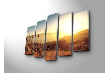 Stor Canvastavla i 5 delar 105x70 cm - Solnedgång över böljande landskap med grässtrån i förgrunden - Guld / Orange / Blå - Inredning - Tavlor & posters - Canvastavla
