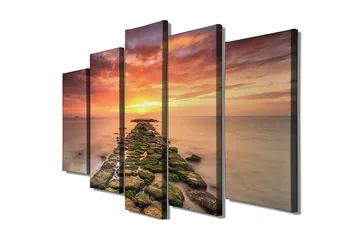 Stor Canvastavla i 5 delar 105x70 cm - Solnedgång över en stenig brygga - Orange / Grön / Blå - Inredning - Tavlor & posters - Canvastavla