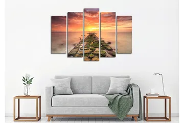 Stor Canvastavla i 5 delar 105x70 cm - Solnedgång över en stenig brygga - Orange / Grön / Blå - Inredning - Tavlor & posters - Canvastavla