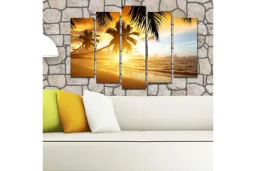 Stor Canvastavla i 5 delar 105x70 cm - Solnedgång över en strand med palmer - Guld / Orange / Blå - Inredning - Tavlor & posters - Canvastavla