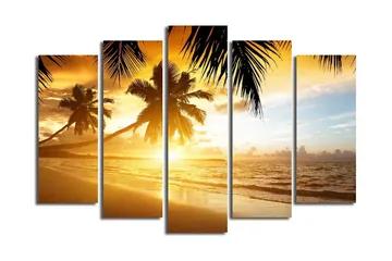 Stor Canvastavla i 5 delar 105x70 cm - Solnedgång över en strand med palmer - Guld / Orange / Blå - Inredning - Tavlor & posters - Canvastavla