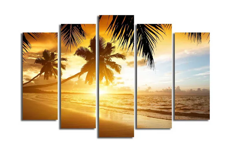 Stor Canvastavla i 5 delar 105x70 cm - Solnedgång över en strand med palmer - Guld / Orange / Blå - Inredning - Tavlor & posters - Canvastavla