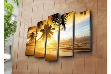 Stor Canvastavla i 5 delar 105x70 cm - Solnedgång över en strand med palmer - Guld / Orange / Blå - Inredning - Tavlor & posters - Canvastavla