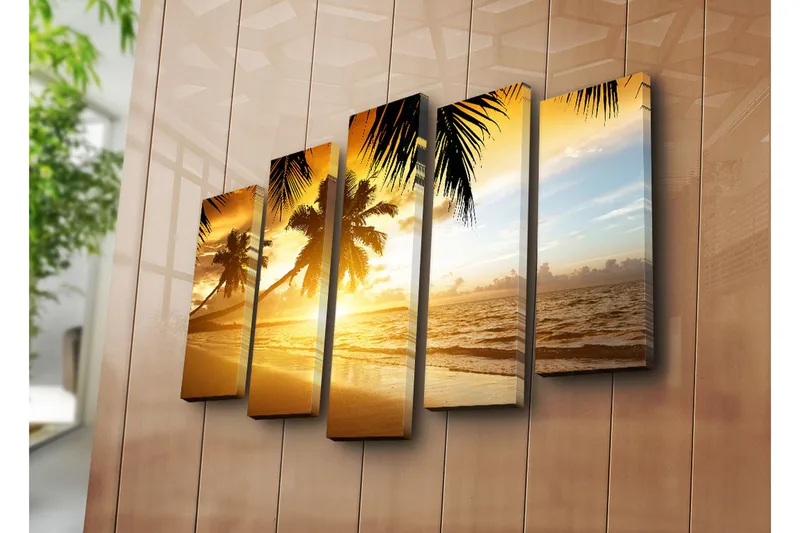 Stor Canvastavla i 5 delar 105x70 cm - Solnedgång över en strand med palmer - Guld / Orange / Blå - Inredning - Tavlor & posters - Canvastavla