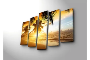 Stor Canvastavla i 5 delar 105x70 cm - Solnedgång över en strand med palmer - Guld / Orange / Blå - Inredning - Tavlor & posters - Canvastavla