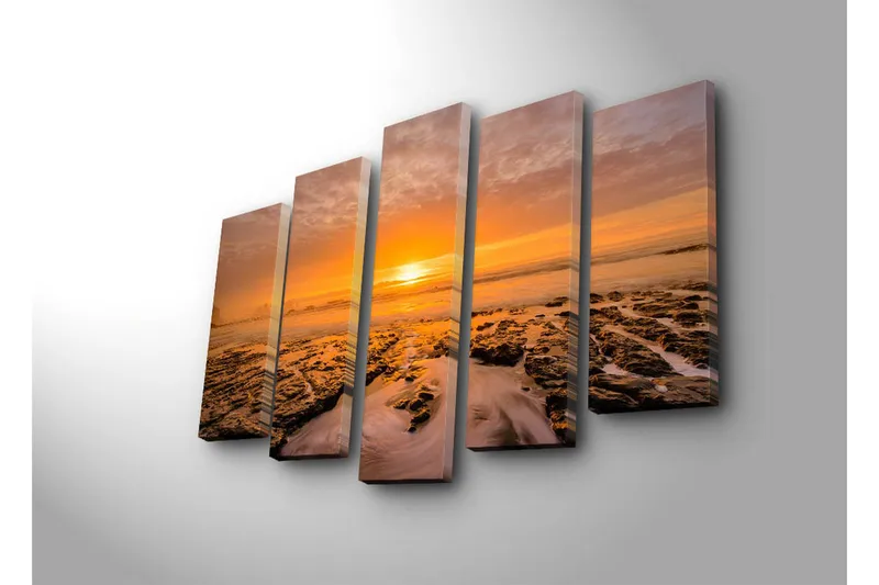 Stor Canvastavla i 5 delar 105x70 cm - Solnedgång över havet med klippformationer i förgrunden - Orange / Svart / Grå - Inredning - Tavlor & posters - Canvastavla
