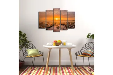 Stor Canvastavla i 5 delar 105x70 cm - Solnedgång över havet med klippformationer i förgrunden - Orange / Svart / Grå - Inredning - Tavlor & posters - Canvastavla