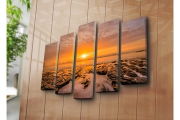 Stor Canvastavla i 5 delar 105x70 cm - Solnedgång över havet med klippformationer i förgrunden - Orange / Svart / Grå - Inredning - Tavlor & posters - Canvastavla