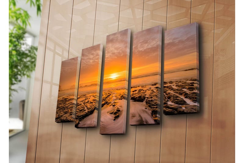 Stor Canvastavla i 5 delar 105x70 cm - Solnedgång över havet med klippformationer i förgrunden - Orange / Svart / Grå - Inredning - Tavlor & posters - Canvastavla