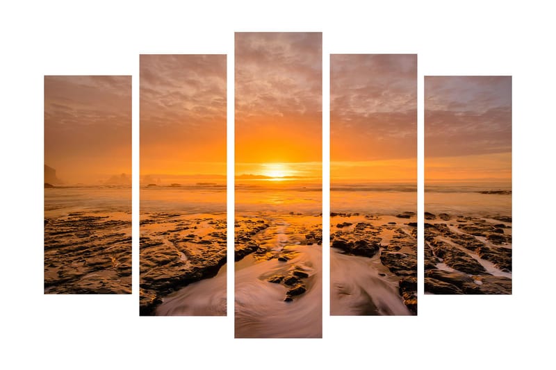 Stor Canvastavla i 5 delar 105x70 cm - Solnedgång över havet med klippformationer i förgrunden - Orange / Svart / Grå - Inredning - Tavlor & posters - Canvastavla