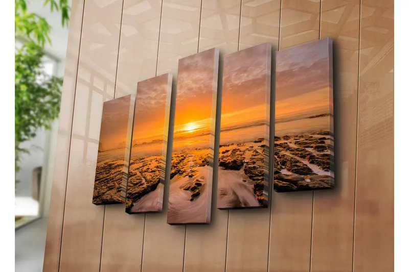 Stor Canvastavla i 5 delar 105x70 cm - Solnedgång över havet med klippformationer i förgrunden - Orange / Svart / Grå - Inredning - Tavlor & posters - Canvastavla