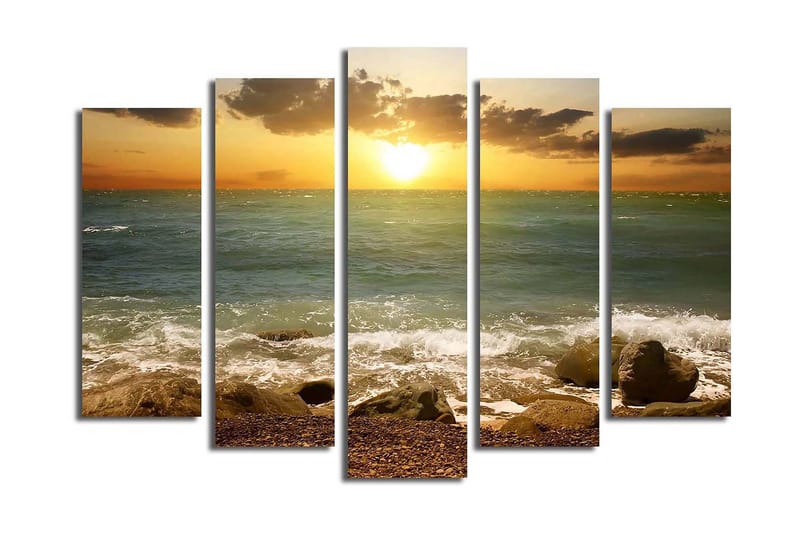 Stor Canvastavla i 5 delar 105x70 cm - Solnedgång över havet med klippor i förgrunden - Blå / Orange / Grön - Inredning - Tavlor & posters - Canvastavla