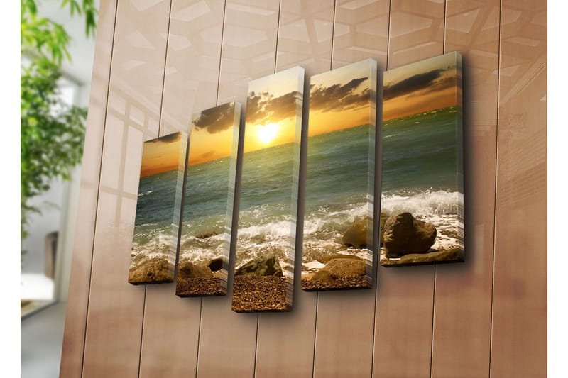Stor Canvastavla i 5 delar 105x70 cm - Solnedgång över havet med klippor i förgrunden - Blå / Orange / Grön - Inredning - Tavlor & posters - Canvastavla