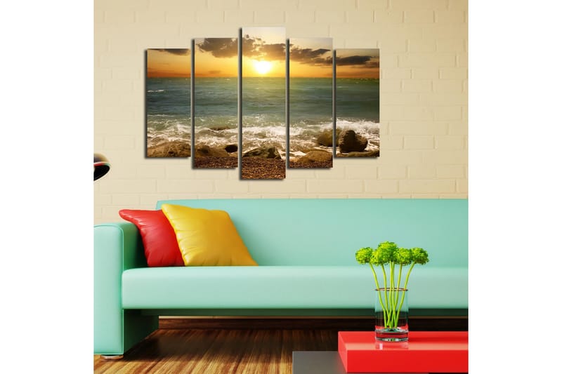 Stor Canvastavla i 5 delar 105x70 cm - Solnedgång över havet med klippor i förgrunden - Blå / Orange / Grön - Inredning - Tavlor & posters - Canvastavla
