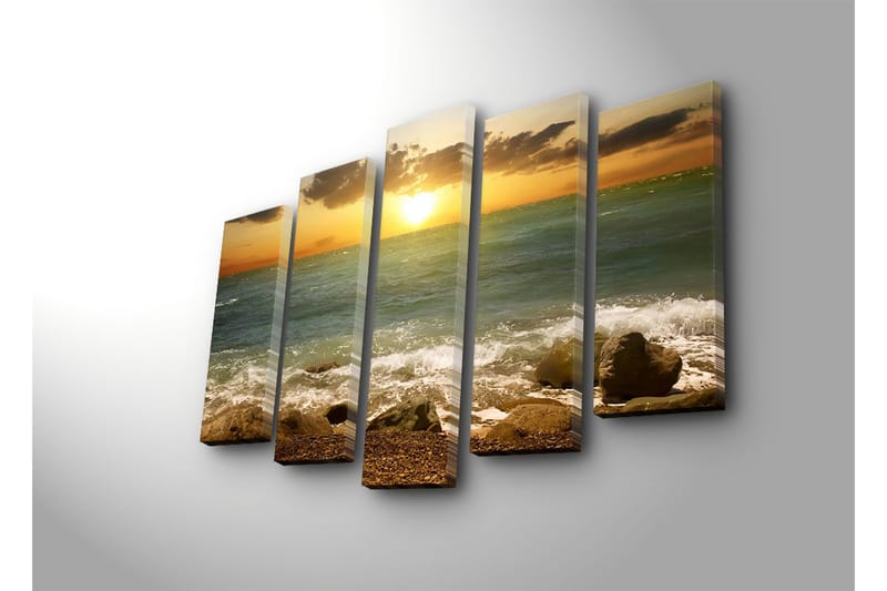 Stor Canvastavla i 5 delar 105x70 cm - Solnedgång över havet med klippor i förgrunden - Blå / Orange / Grön - Inredning - Tavlor & posters - Canvastavla