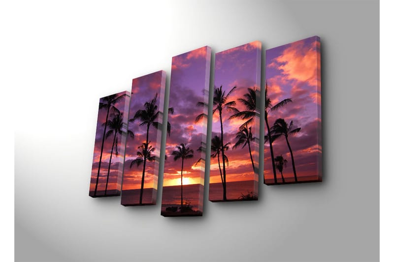 Stor Canvastavla i 5 delar 105x70 cm - Solnedgång över havet med palmer i silhuett - Lila / Orange / Svart - Inredning - Tavlor & posters - Canvastavla