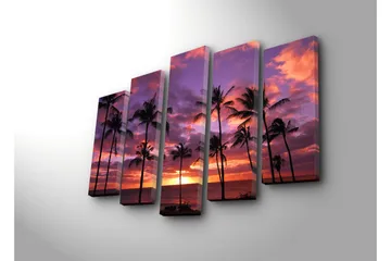 Stor Canvastavla i 5 delar 105x70 cm - Solnedgång över havet med palmer i silhuett - Lila / Orange / Svart - Inredning - Tavlor & posters - Canvastavla