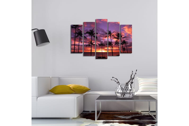 Stor Canvastavla i 5 delar 105x70 cm - Solnedgång över havet med palmer i silhuett - Lila / Orange / Svart - Inredning - Tavlor & posters - Canvastavla