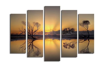 Stor Canvastavla i 5 delar 105x70 cm - Stämningsfull solnedgång med silhuetter av träd vid vattnet - Guld / Svart - Inredning - Tavlor & posters - Canvastavla