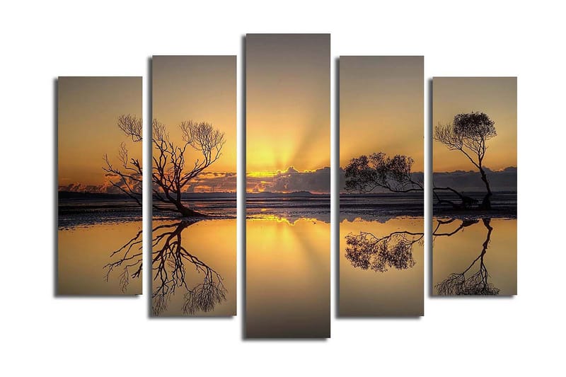 Stor Canvastavla i 5 delar 105x70 cm - Stämningsfull solnedgång med silhuetter av träd vid vattnet - Guld / Svart - Inredning - Tavlor & posters - Canvastavla
