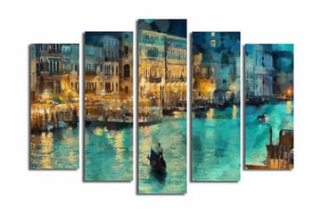 Stor Canvastavla i 5 delar 105x70 cm - Stämningsfull vy av en kanal med gondoler i kvällsbelysning - Turkos / Guld / Mörkblå - Inredning - Tavlor & posters - Canvastavla