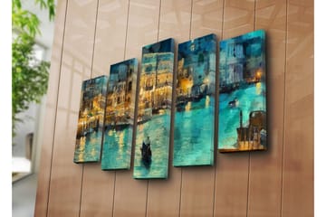 Stor Canvastavla i 5 delar 105x70 cm - Stämningsfull vy av en kanal med gondoler i kvällsbelysning - Turkos / Guld / Mörkblå - Inredning - Tavlor & posters - Canvastavla