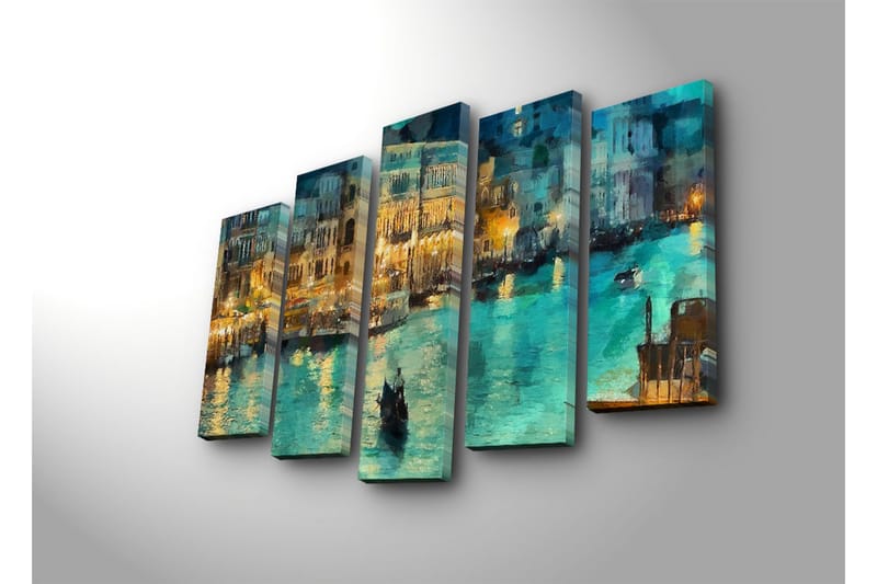 Stor Canvastavla i 5 delar 105x70 cm - Stämningsfull vy av en kanal med gondoler i kvällsbelysning - Turkos / Guld / Mörkblå - Inredning - Tavlor & posters - Canvastavla