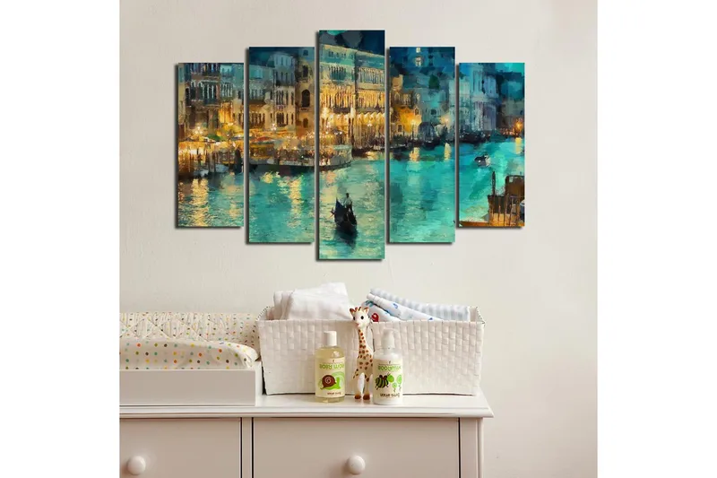 Stor Canvastavla i 5 delar 105x70 cm - Stämningsfull vy av en kanal med gondoler i kvällsbelysning - Turkos / Guld / Mörkblå - Inredning - Tavlor & posters - Canvastavla