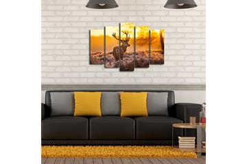 Stor Canvastavla i 5 delar 105x70 cm - Ståtlig älg i soluppgångens gyllene ljus - Guld / Brunt / Beige - Inredning - Tavlor & posters - Canvastavla
