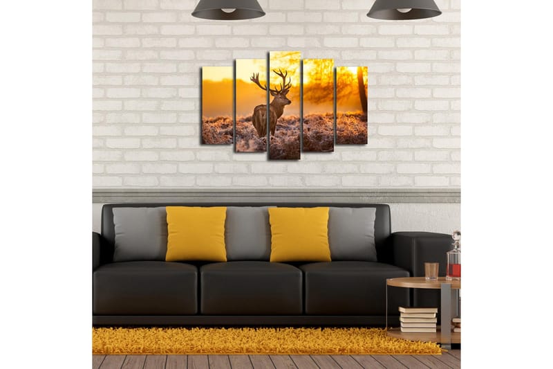 Stor Canvastavla i 5 delar 105x70 cm - Ståtlig älg i soluppgångens gyllene ljus - Guld / Brunt / Beige - Inredning - Tavlor & posters - Canvastavla