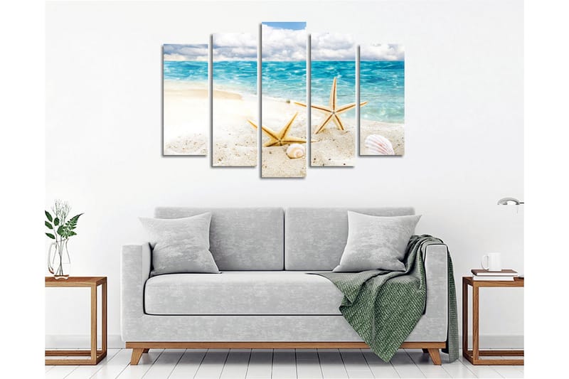 Stor Canvastavla i 5 delar 105x70 cm - Stjärnformade snäckor på en sandstrand vid havet - Blå / Beige / Vit - Inredning - Tavlor & posters - Canvastavla