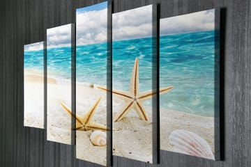 Stor Canvastavla i 5 delar 105x70 cm - Stjärnformade snäckor på en sandstrand vid havet - Blå / Beige / Vit - Inredning - Tavlor & posters - Canvastavla