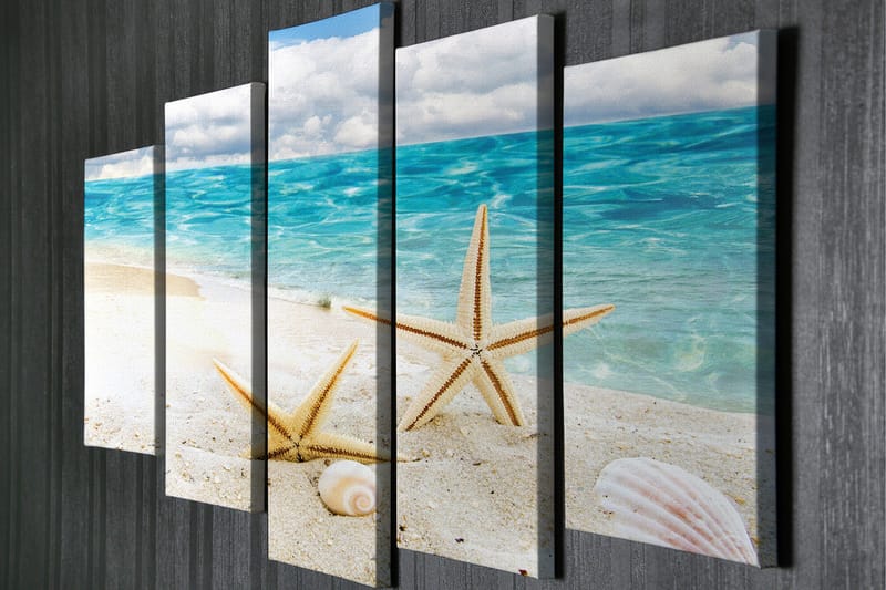 Stor Canvastavla i 5 delar 105x70 cm - Stjärnformade snäckor på en sandstrand vid havet - Blå / Beige / Vit - Inredning - Tavlor & posters - Canvastavla