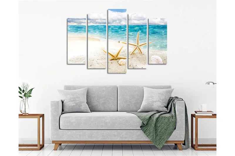 Stor Canvastavla i 5 delar 105x70 cm - Stjärnformade snäckor på en sandstrand vid havet - Blå / Beige / Vit - Inredning - Tavlor & posters - Canvastavla