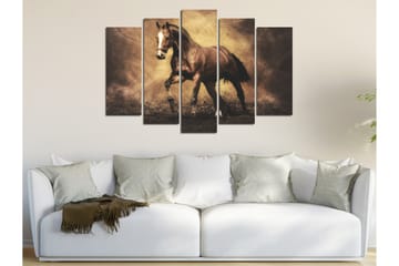 Stor Canvastavla i 5 delar 105x70 cm - Stolt häst i rörelse - Mörkbrun / Beige / Svart - Inredning - Tavlor & posters - Canvastavla