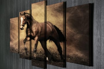 Stor Canvastavla i 5 delar 105x70 cm - Stolt häst i rörelse - Mörkbrun / Beige / Svart - Inredning - Tavlor & posters - Canvastavla