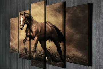 Stor Canvastavla i 5 delar 105x70 cm - Stolt häst i rörelse - Mörkbrun / Beige / Svart - Inredning - Tavlor & posters - Canvastavla
