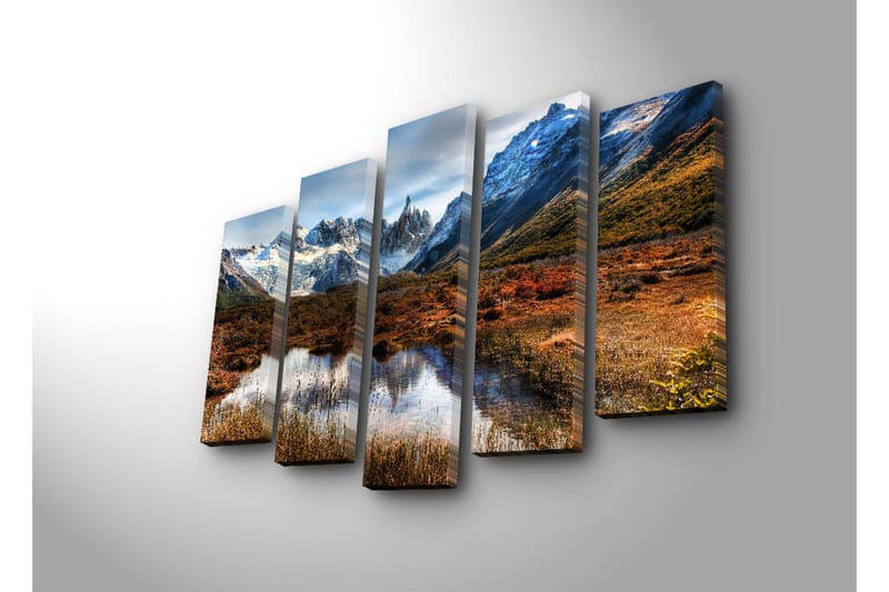 Stor Canvastavla i 5 delar 105x70 cm - Storslagen fjällandskap med snötäckta toppar och spegelblanka sjöar - Mörkgrön / Blå / Orange - Inredning - Tavlor & posters - Canvastavla