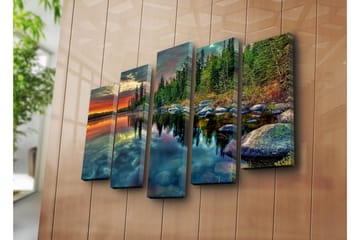 Stor Canvastavla i 5 delar 105x70 cm - Storslagen sjölandskap med spegelblanka vattenytor och omgivande skog - Grön / Orange / Blå - Inredning - Tavlor & posters - Canvastavla