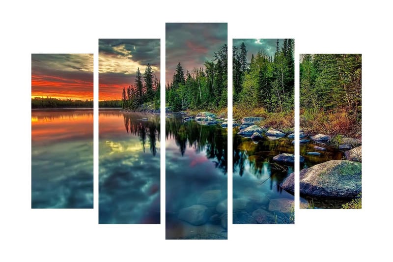 Stor Canvastavla i 5 delar 105x70 cm - Storslagen sjölandskap med spegelblanka vattenytor och omgivande skog - Grön / Orange / Blå - Inredning - Tavlor & posters - Canvastavla