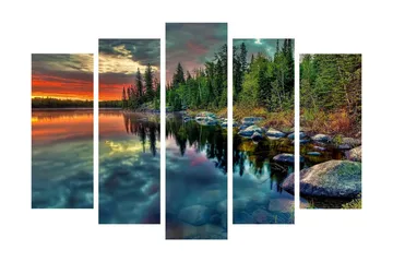 Stor Canvastavla i 5 delar 105x70 cm - Storslagen sjölandskap med spegelblanka vattenytor och omgivande skog - Grön / Orange / Blå - Inredning - Tavlor & posters - Canvastavla