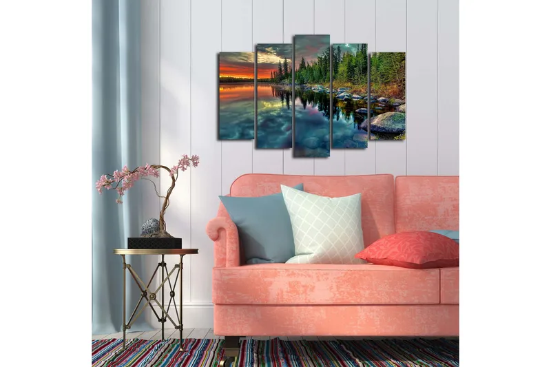 Stor Canvastavla i 5 delar 105x70 cm - Storslagen sjölandskap med spegelblanka vattenytor och omgivande skog - Grön / Orange / Blå - Inredning - Tavlor & posters - Canvastavla