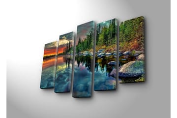 Stor Canvastavla i 5 delar 105x70 cm - Storslagen sjölandskap med spegelblanka vattenytor och omgivande skog - Grön / Orange / Blå - Inredning - Tavlor & posters - Canvastavla